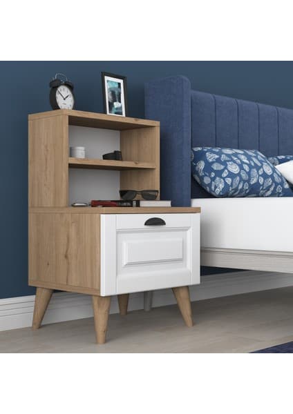 Rani BD105 Komodin 2 Raflı Membran Çekmeceli Komodin Sepet Ceviz Beyaz - image 1