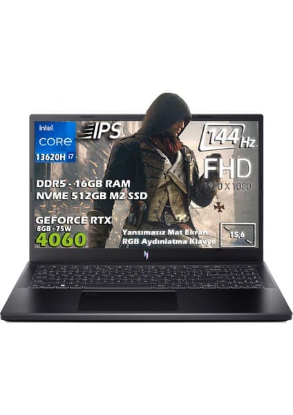Acer Nitro V 15 ANV15-51 Intel Core i7 13620H 16GB 512GB SSD RTX4060 Freedos 15.6" 144Hz IPS Panel FHD Laptop - image 1