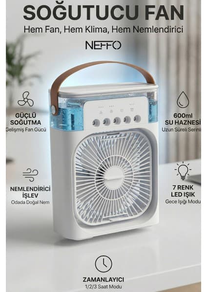 Neffo 600 ml Su Tanklı Buharlı Serinletici Fan | Taşınabilir Mini Klima Fanı | LED Işıklı Hava Soğutucu - image 1