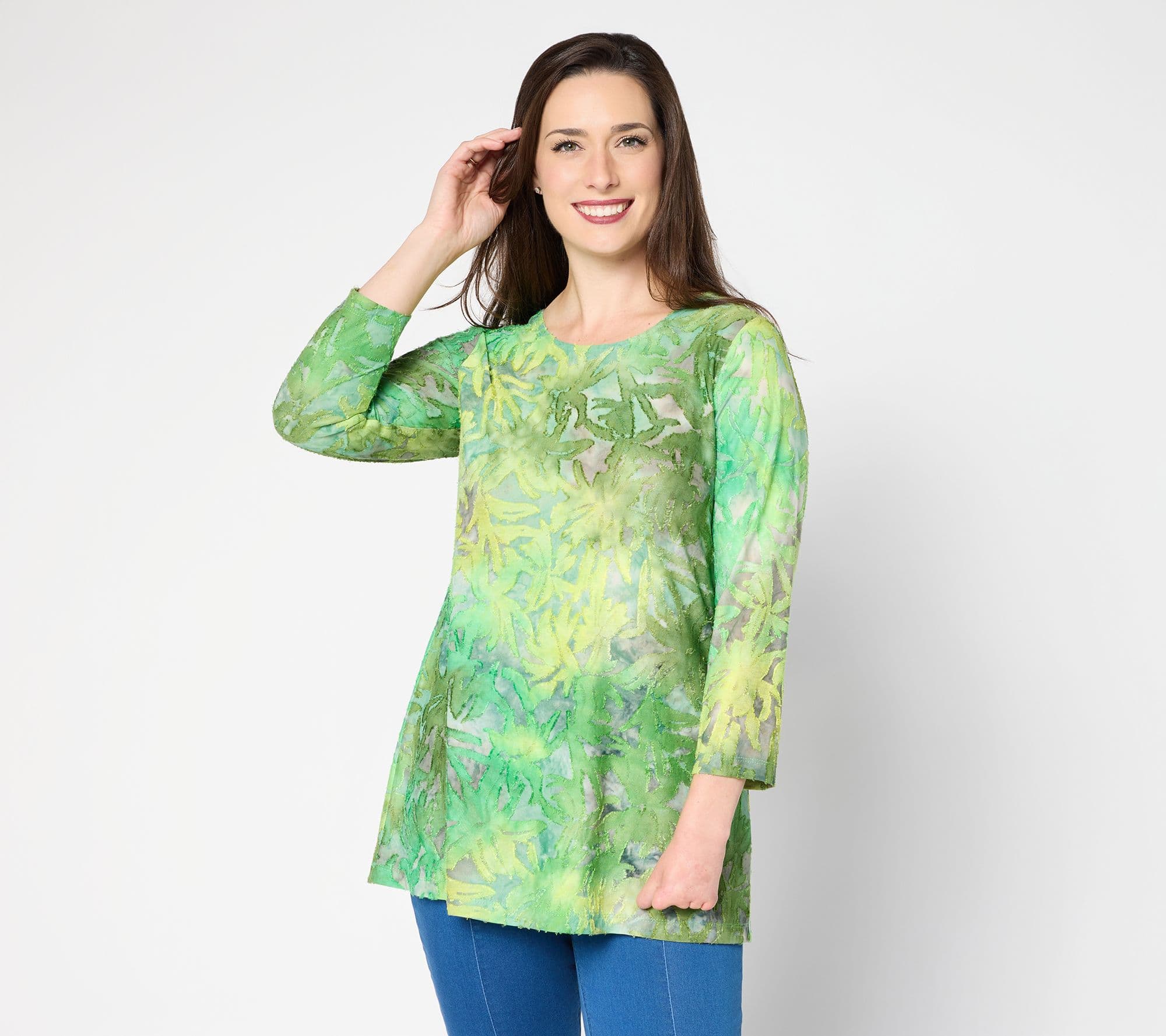 Susan Graver Weekend Petite Tie Dye Burnout 3/4 Sleeve A-Line Tunic - QVC.com - image 1