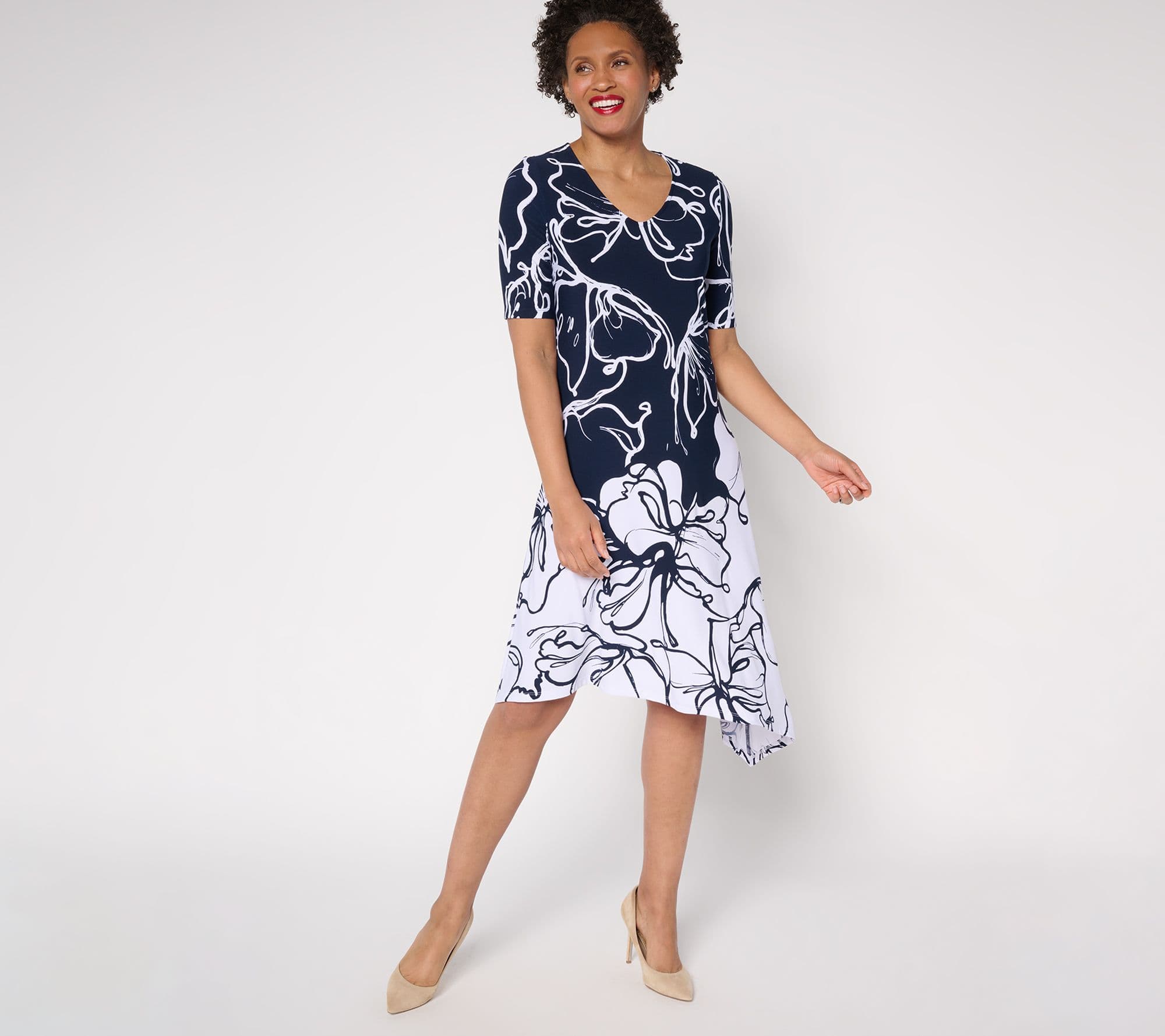 Dennis Basso Regular Printed Caviar Crepe Dress w/ Asymmetric Hem - image 1