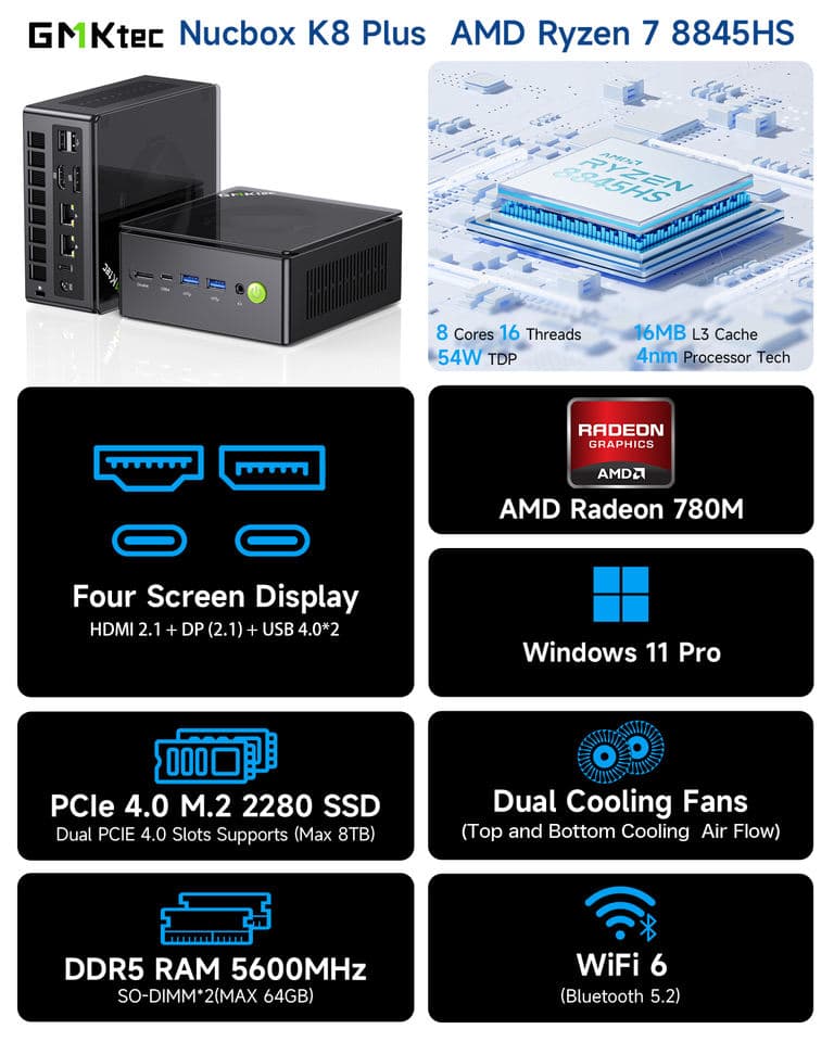 GMKtec K8 Plus AMD R7 8845HS Gaming Mini PC 8-core 16-thread 32GB DDR5 1TB SSD - image 1
