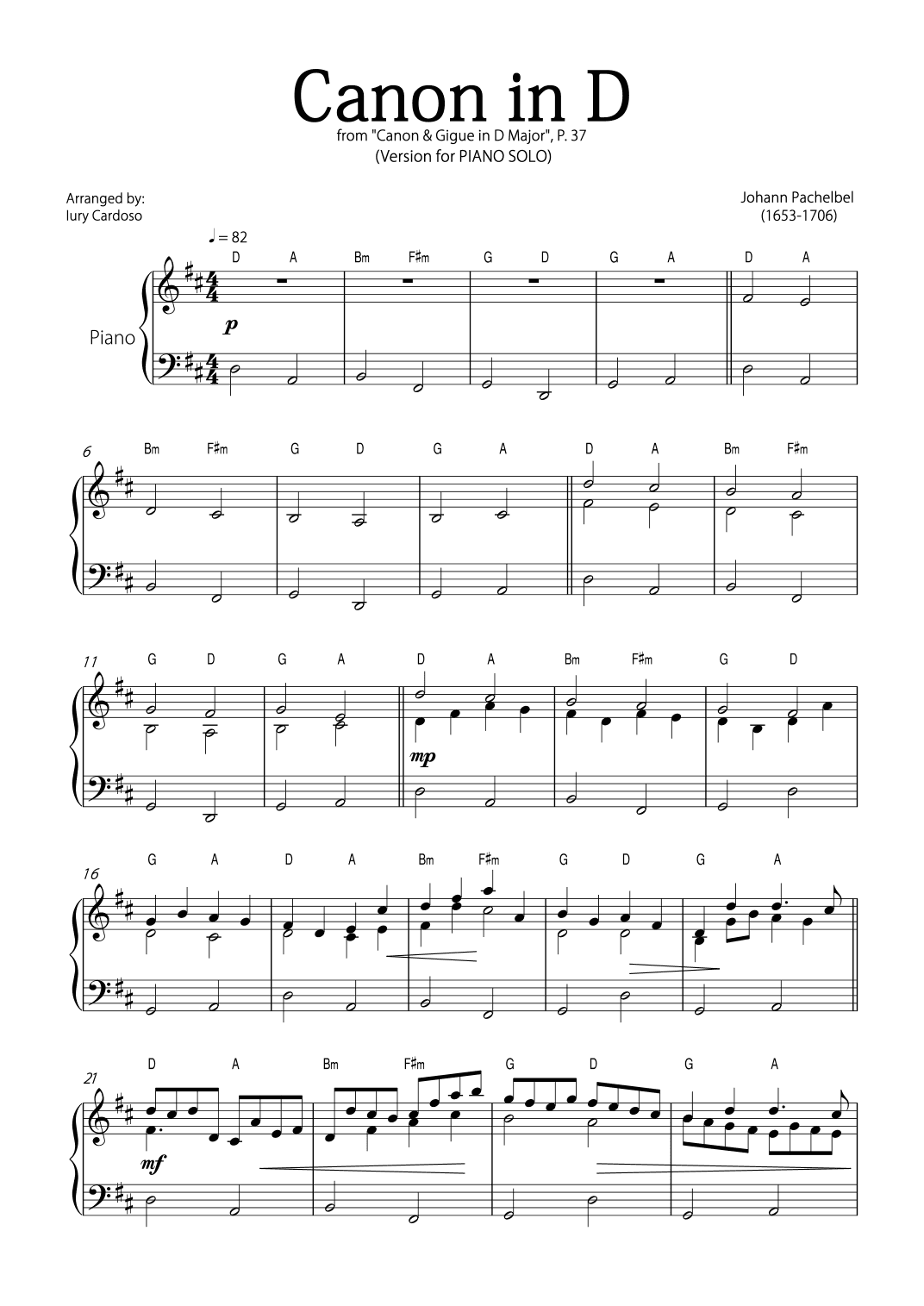 "Canon in D" by Pachelbel - Version for PIANO SOLO (arr. Iury Cardoso) - image 1