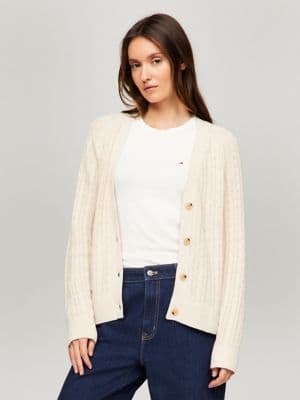 Cable Knit Wool-Blend V-Neck Cardigan - image 1