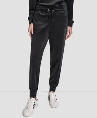 DKNY Women's Platinum Velour Rhinestone Logo Slim Fit Joggers - image 1