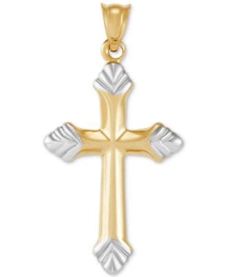 Polished Fleur de Lis Cross Pendant Necklace in 14k Two-Tone Gold - image 1