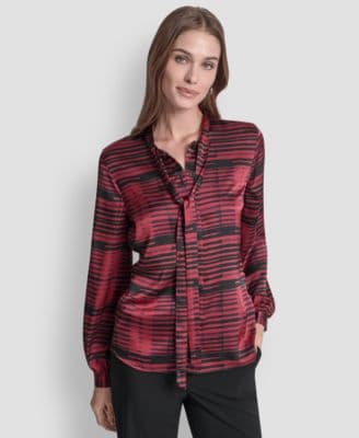 DKNY Women's Printed Satin Blouse with Covered Placket and Tie Neck - image 1
