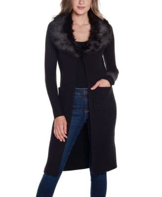 Belldini Black Label Women's Ribbed Faux-Fur Collar Duster Cardigan Sweater - image 1