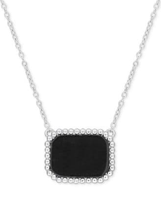 Black Agate Bead-Framed Rectangular 17" Pendant Necklace in Sterling Silver - image 1