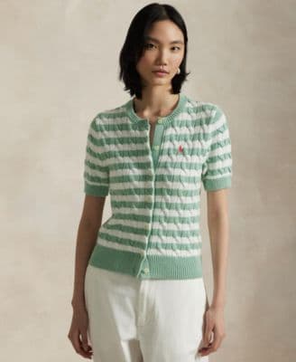 Women's Striped Cable-Knit Short-Sleeve Cardigan Sweater - image 1