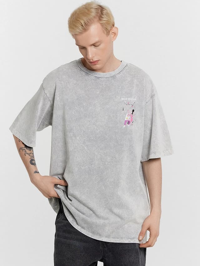 Мужская серая футболка с эффектом acid wash и принтом "моя волна" - image 1