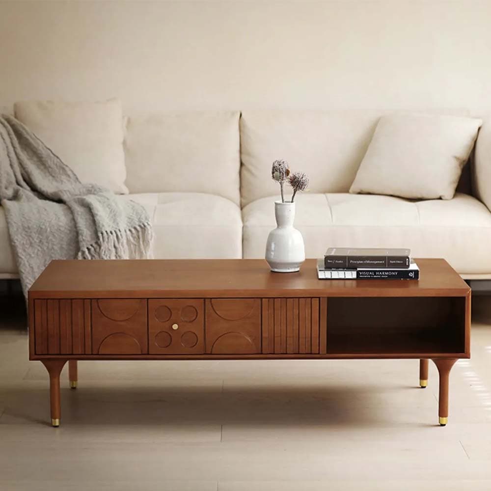 Mid-Century Modern Coffee Table, Minimalist Carved Semi-open Coffee Table with Storage, Birch Veneer, 47.24" - image 1