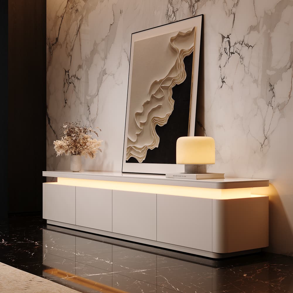 79" Modern White Media Console with Adjustable LED Lights, Long TV Console with Glossy Sintered Stone Tabletop, Drop-Down Doors & Drawers, Open Storage for Living Room, Perfect for 75 Inch TVs, Fully Assembled - image 1