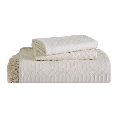 Fringe Geometric Cotton Blend Coverlet/Bedspread/Quilt, King, Ivory - Blue Nile Mills - image 1
