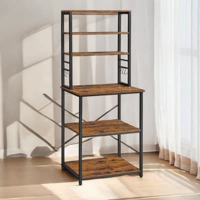 Coffee Bar, Bakers Rack for Kitchen with Storage, 6-Tier Kitchen Shelves with 6 Hooks, Microwave Stand, Industrial, Rustic Brown and Black - image 1