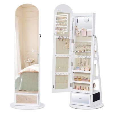 SONGMICS 360° Swivel Jewelry Cabinet, Full-Length Arched Mirror with LED Lights, Magnifying Mirror, Storage Shelves, Drawer, Cloud White - image 1
