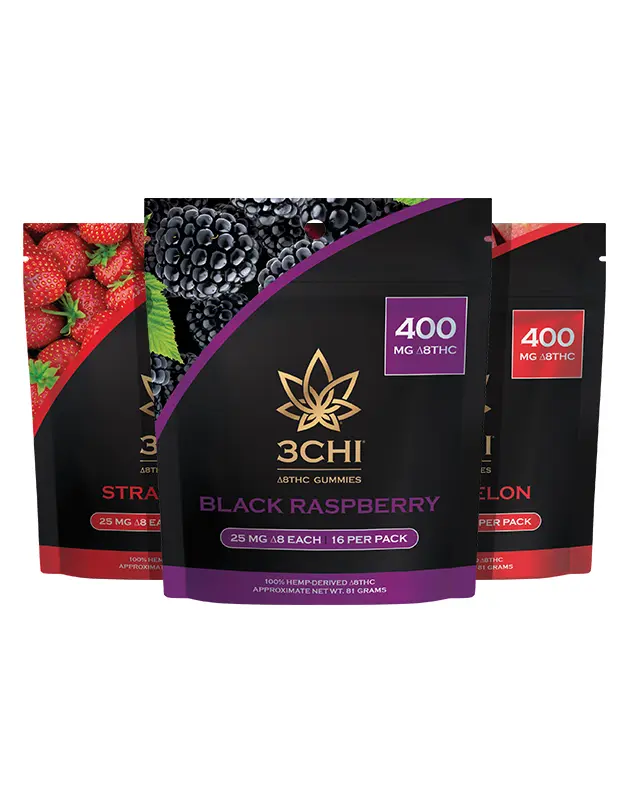 3CHI Delta 8 THC Gummies 25mg - 16 Count - Black Raspberry, Watermelon, Strawberry - image 1