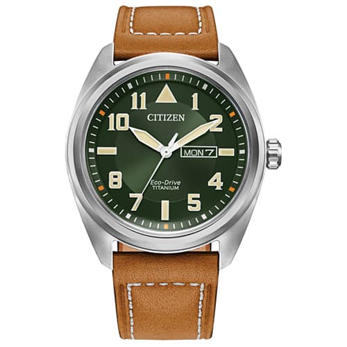 42mm Men's Citizen Eco-Drive® Sports Casual Watch with A green Dial and Brown Leather Strap - image 1