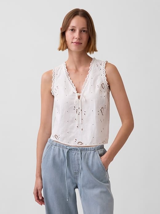 Linen-Blend Embroidered Crop Shell Tank Top - image 1