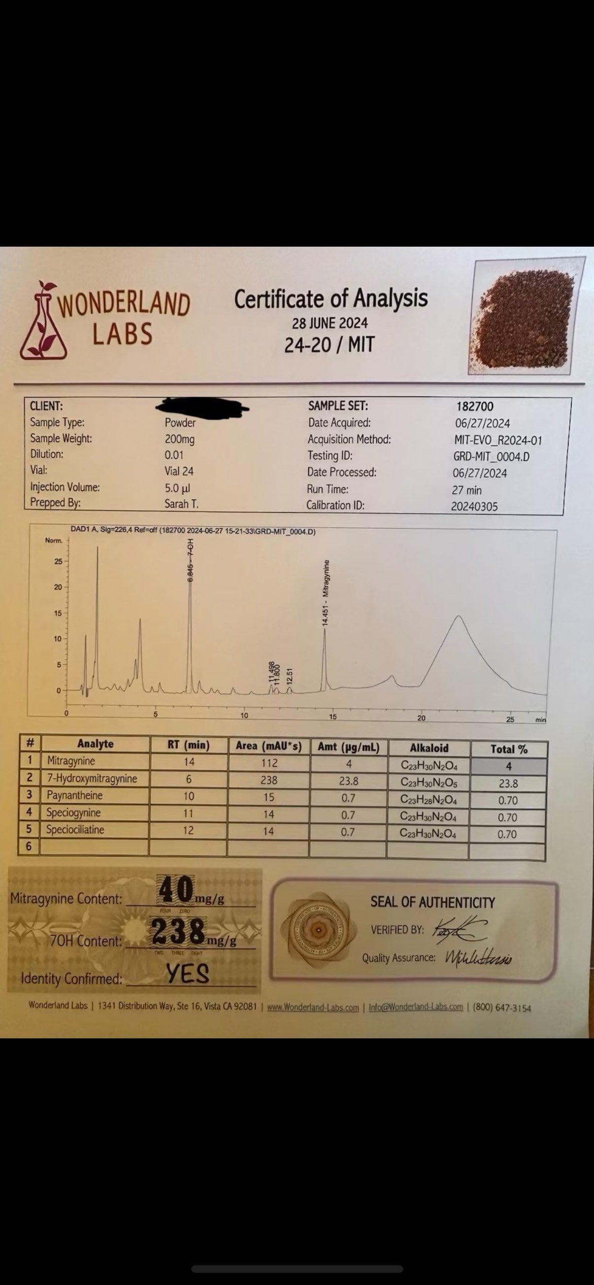 3% 7-OH!!! 5 grams MEDIUM 7-OH HIGH MIT Extract Powder – 3% 7-OH/19% Mitragynine - image 1