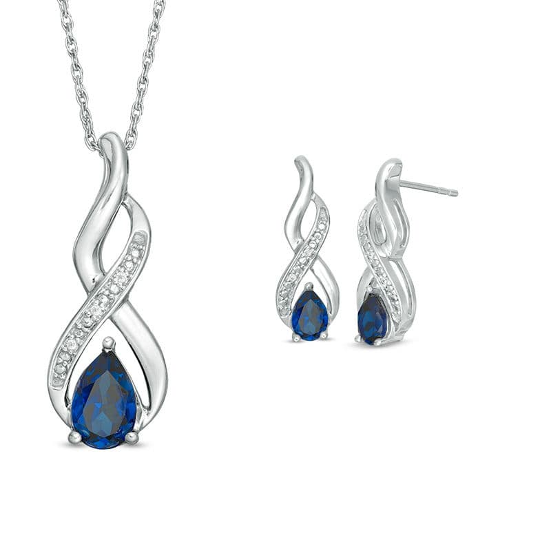 Pear-Shaped Lab-Created Blue Sapphire & Diamond Accent Flame Pendant & Drop Earrings Set in Sterling Silver - image 1