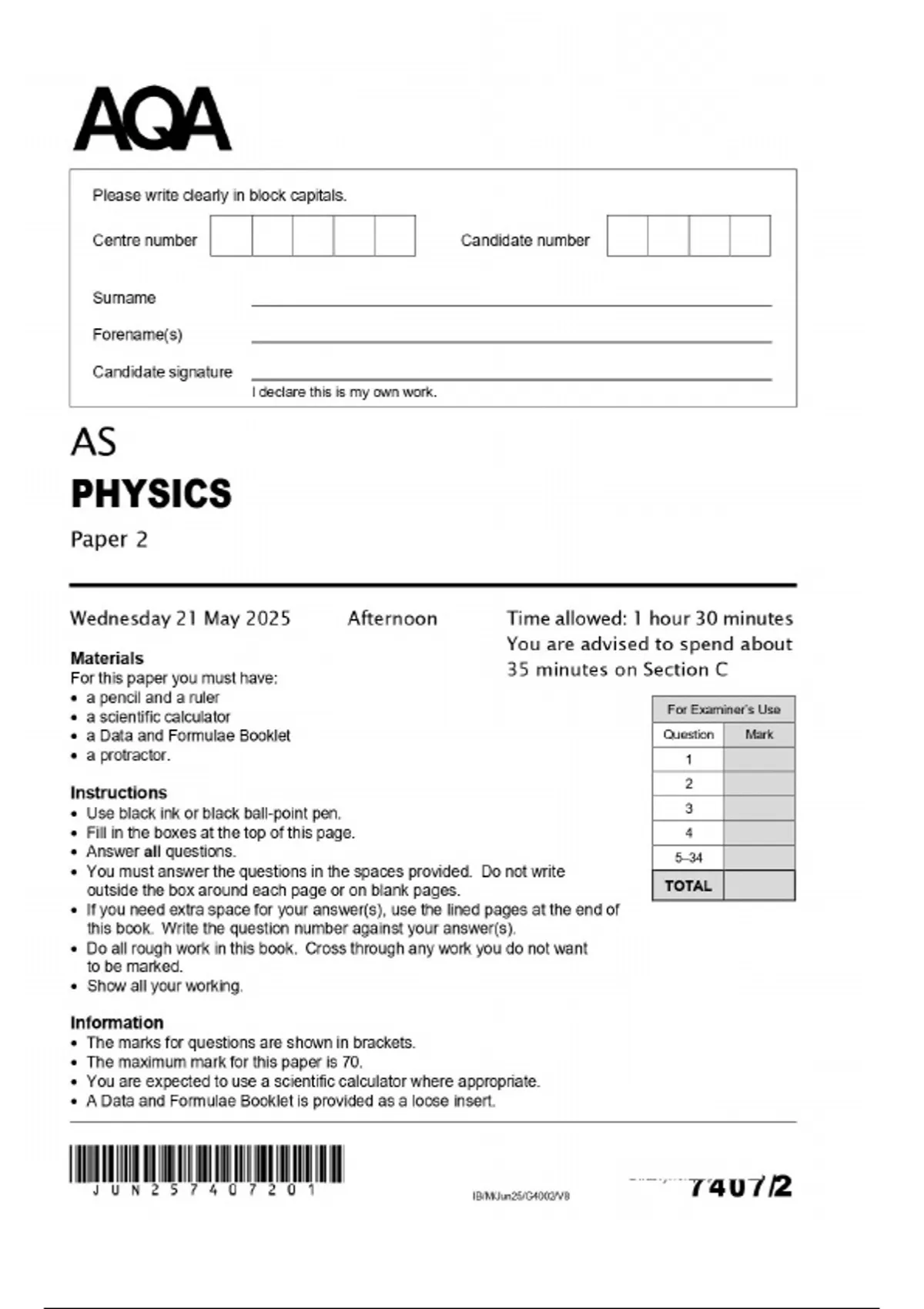 AQA AS Physics Paper 2 2025 - image 1