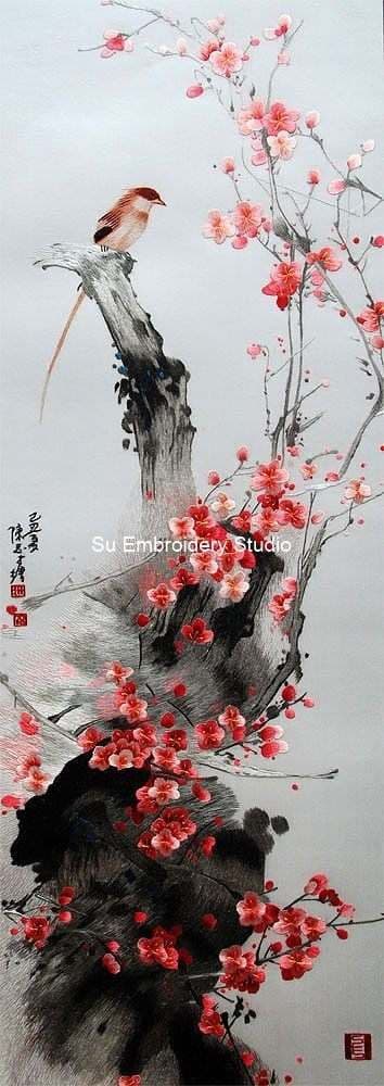 Cherry Blossoms and Bird Silk Embroidery - image 1