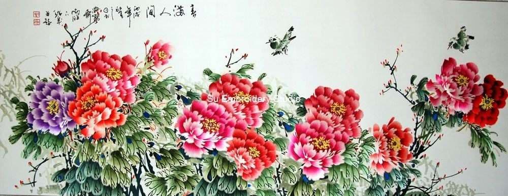 Spring Blooming Peonies Chinese Silk Embroidery Art - image 1