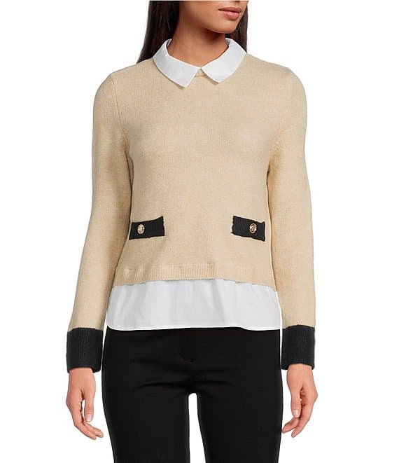 Cece Knit Jersey Twofer Point Collar Long Sleeve Sweater Blouse - image 1