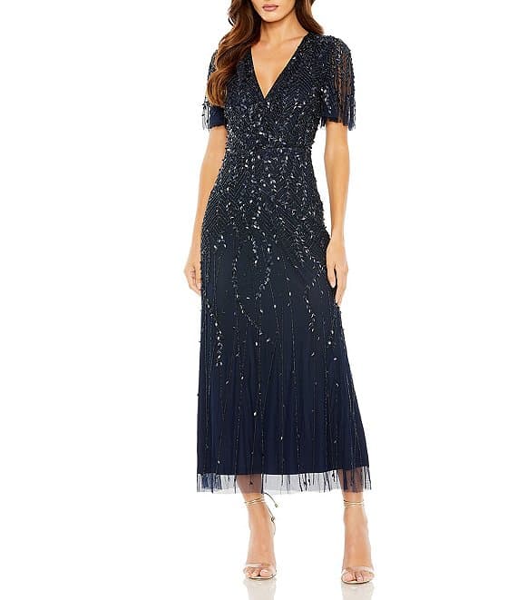 Mac Duggal Beaded V-Neck Flutter Sleeve Faux Wrap Midi Dress - image 1