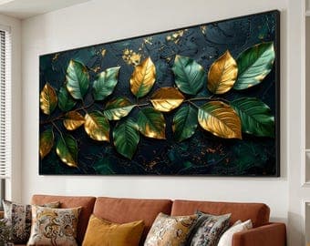 Golden and Green Leaves Canvas Wall Art, Luxury Botanical Design, Elegant Nature Canvas, Modern Home Decoration, Ready to Hang Artwork - image 1