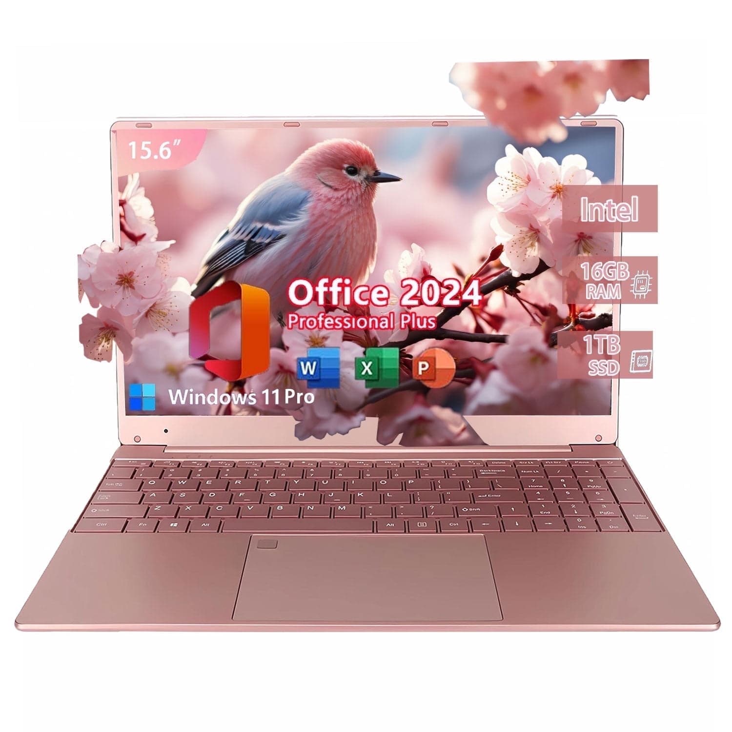 15.6" Windonws 11 Pro Business Laptop Office 2024 16GB RAM 1TB SSD Backlit Keyboard fingerprint Intel Celeron N5095 Work Laptop Back to School Essentials for Students Rose Gold - image 1