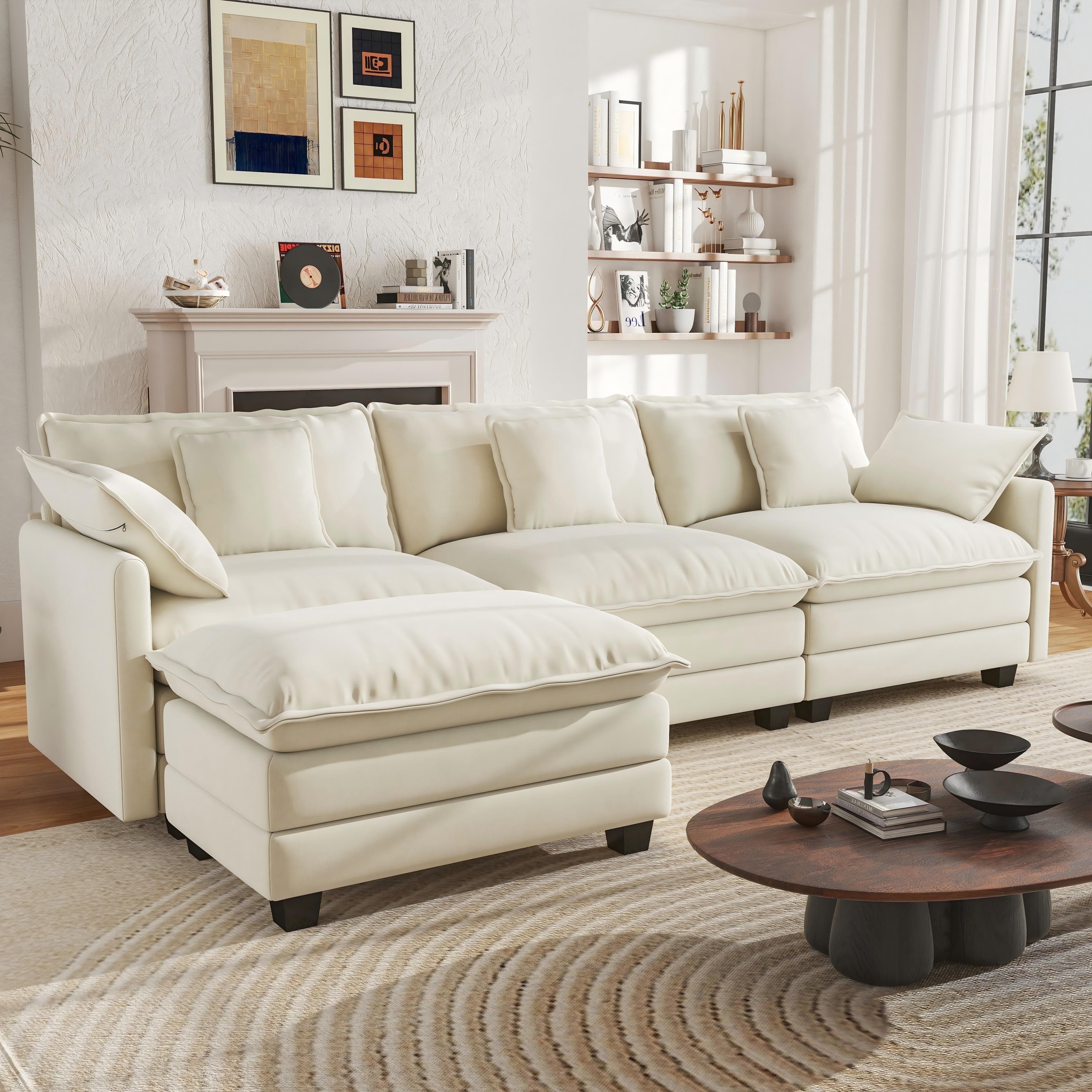 BedLuxury 111.5'' Modular Sectional Sofa with Movable Ottoman, L Shaped Cloud Couch for Living Room, 3-Seat, Beige - image 1