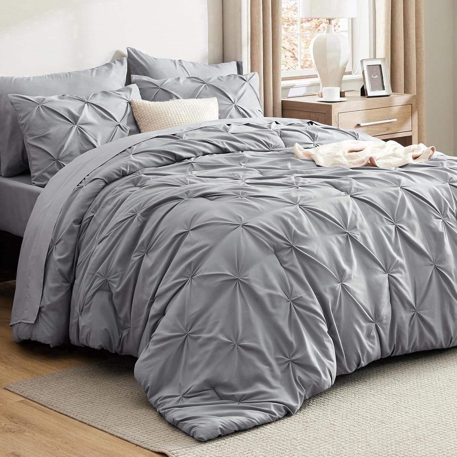 U by Bedsure Queen Comforter Set - 7 Pieces Grey Comforters , Pintuck Bedding Sets for All Season, Bed in a Bag with Flat Sheet and Fitted Sheet, Pillowcases & Shams - image 1