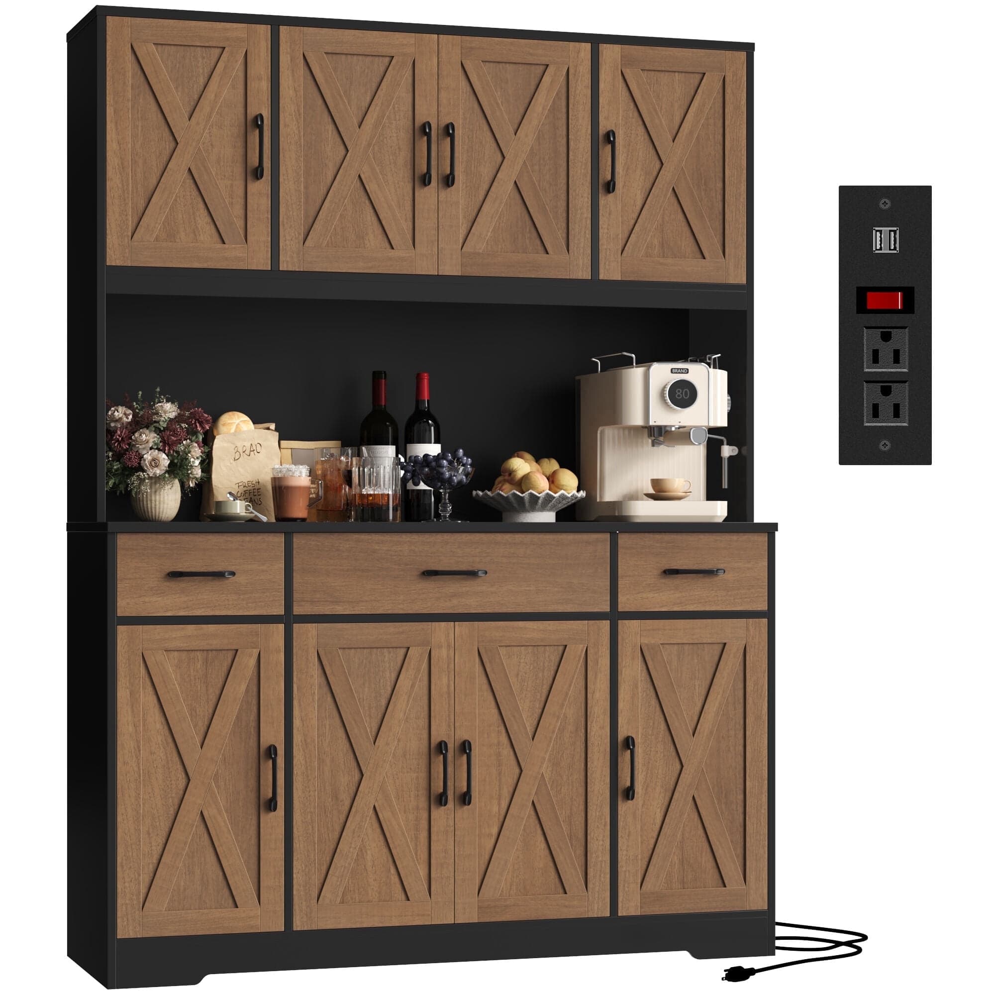 Homfa Kitchen Pantry with Hutch and Drawers, 71" Tall Storage Cabinet with 55" Wide Countertop and Built-In Power Outlet, Farmhouse Coffee Bar for Dining Room, Oak & Black - image 1
