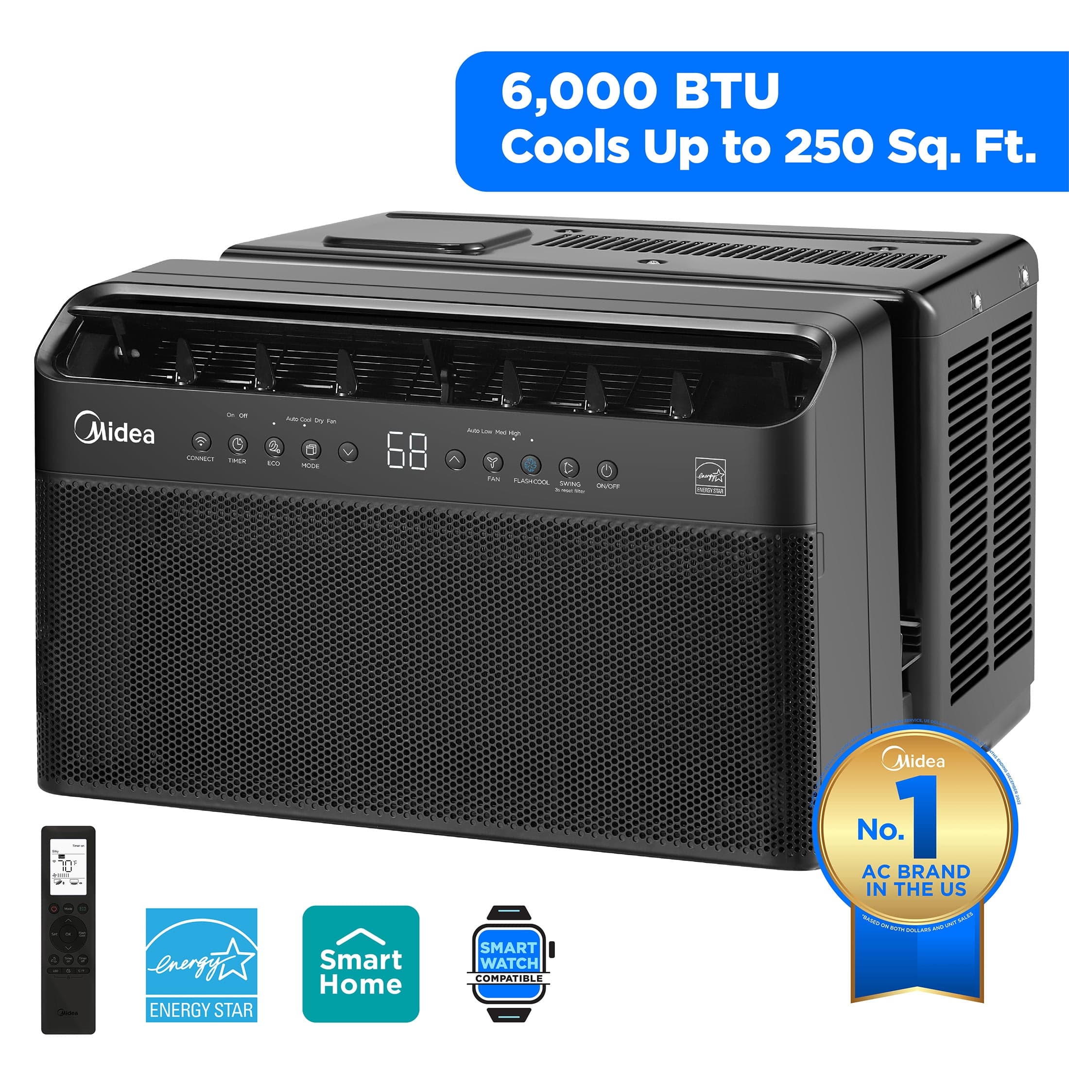 Midea 6,000 BTU Smart Window Air Conditioner, U-Shaped Inverter, Ultra Quiet, Wi-Fi, Remote, Easy Install, Energy Efficient, Cools 250 Sq Ft, Black - image 1