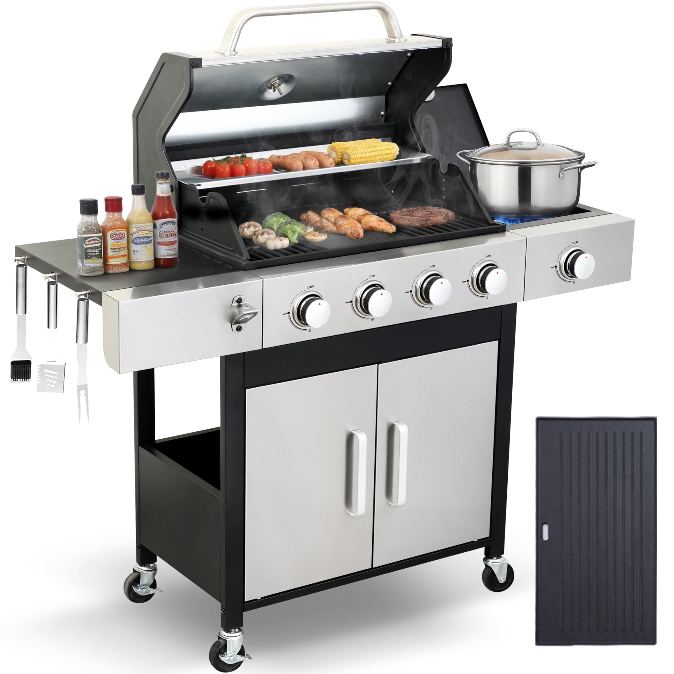 Nice Cooker 4-Burner Propane Gas Grill with Side Burner, 46000 BTU Outdoor Grill with Porcelain-Enameled Cast Iron Grates and Pan, Double Layer Lid, Built-in Thermometer for Outdoor Cooking Patio BBQ - image 1