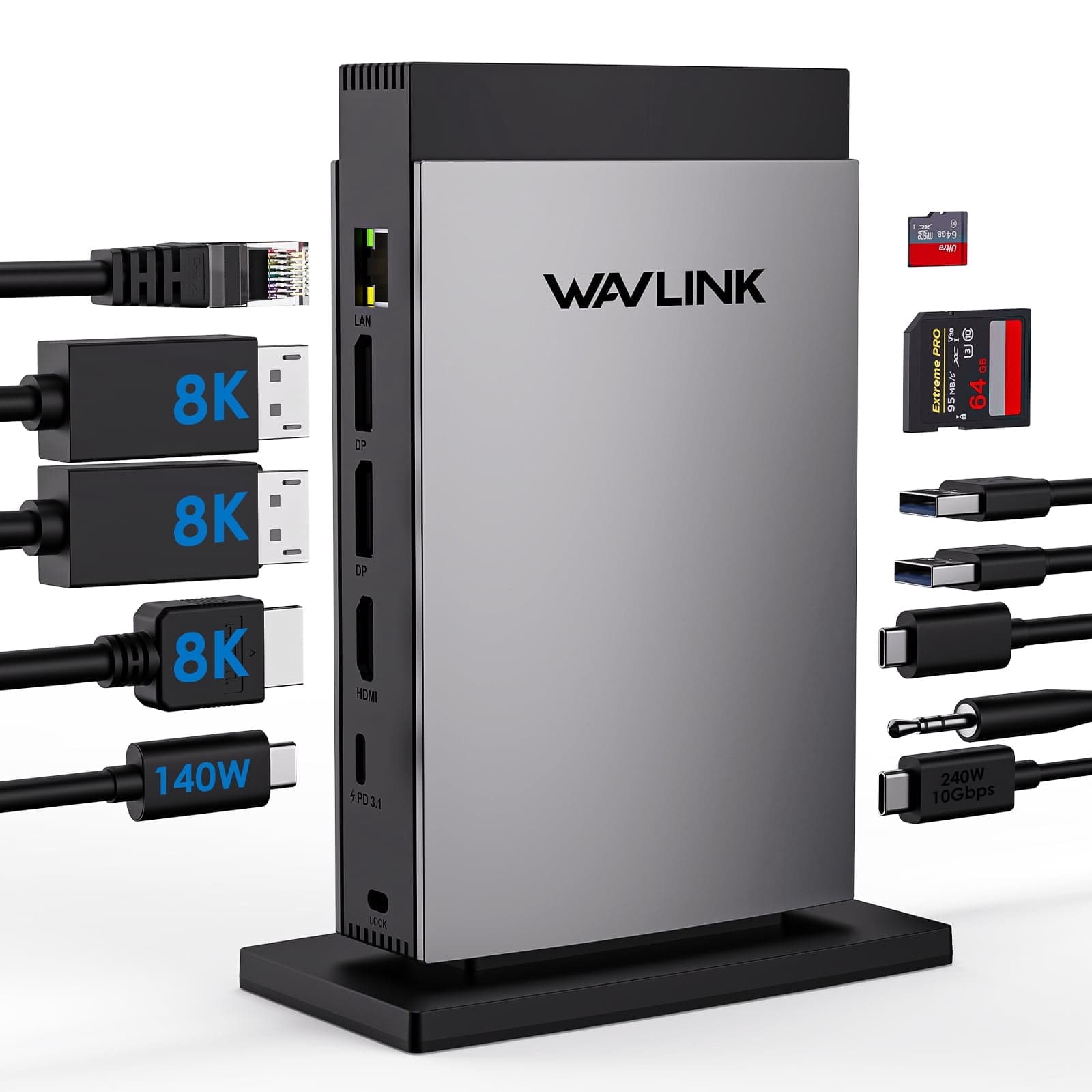 Estación de Dock USB, Dock de Triple Pantalla Carga de 125W con DisplayPort/HDMI 8K USB-C de 10Gbps para Laptop - image 1