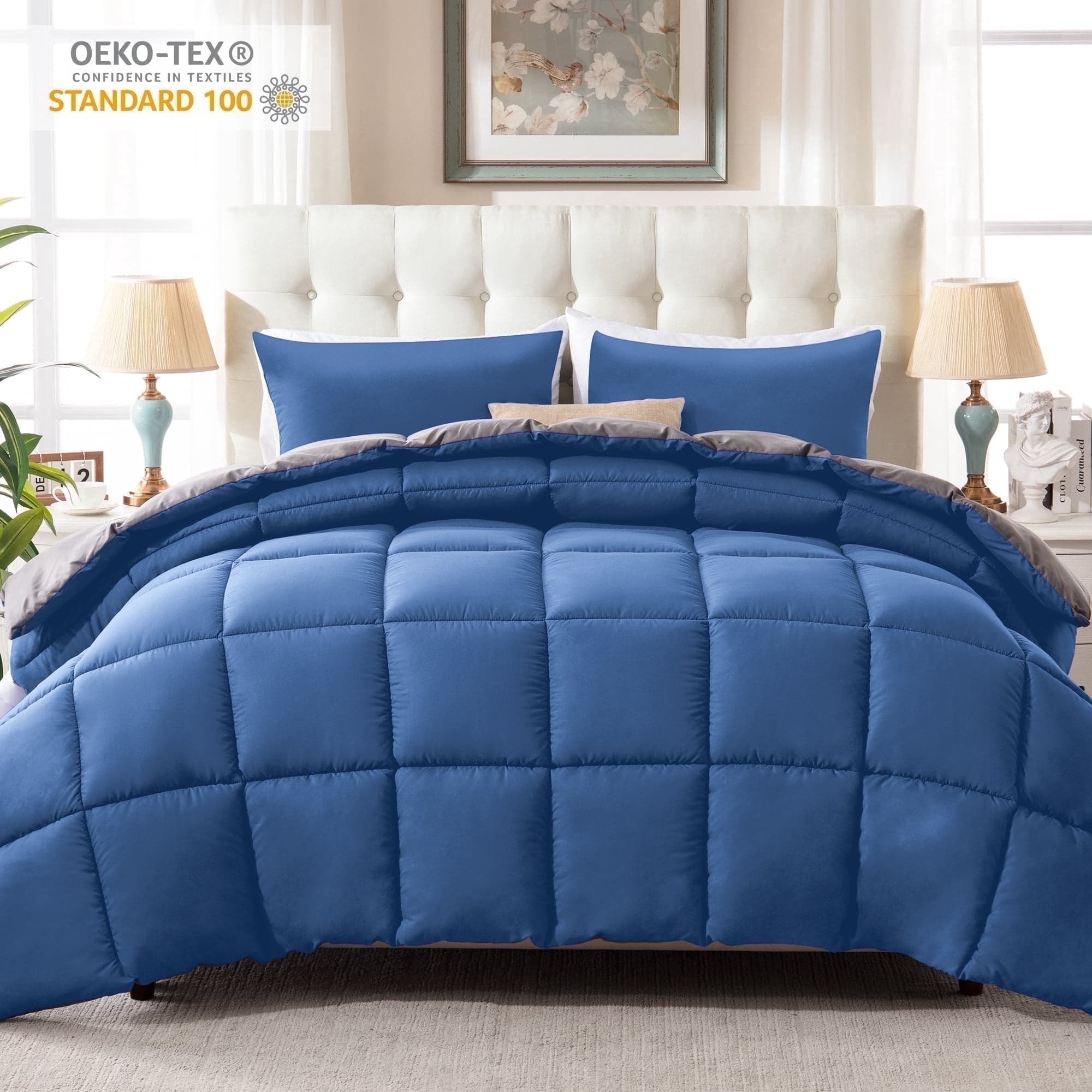 Yalamila California King Size Comforter Set 3-Piece All-Season Down Alternative Reversible Comforter Set, Blue/Grey, 200GSM Cooling Quilted Duvet Insert, 95 GSM Soft Cover Bed in a Bag - image 1