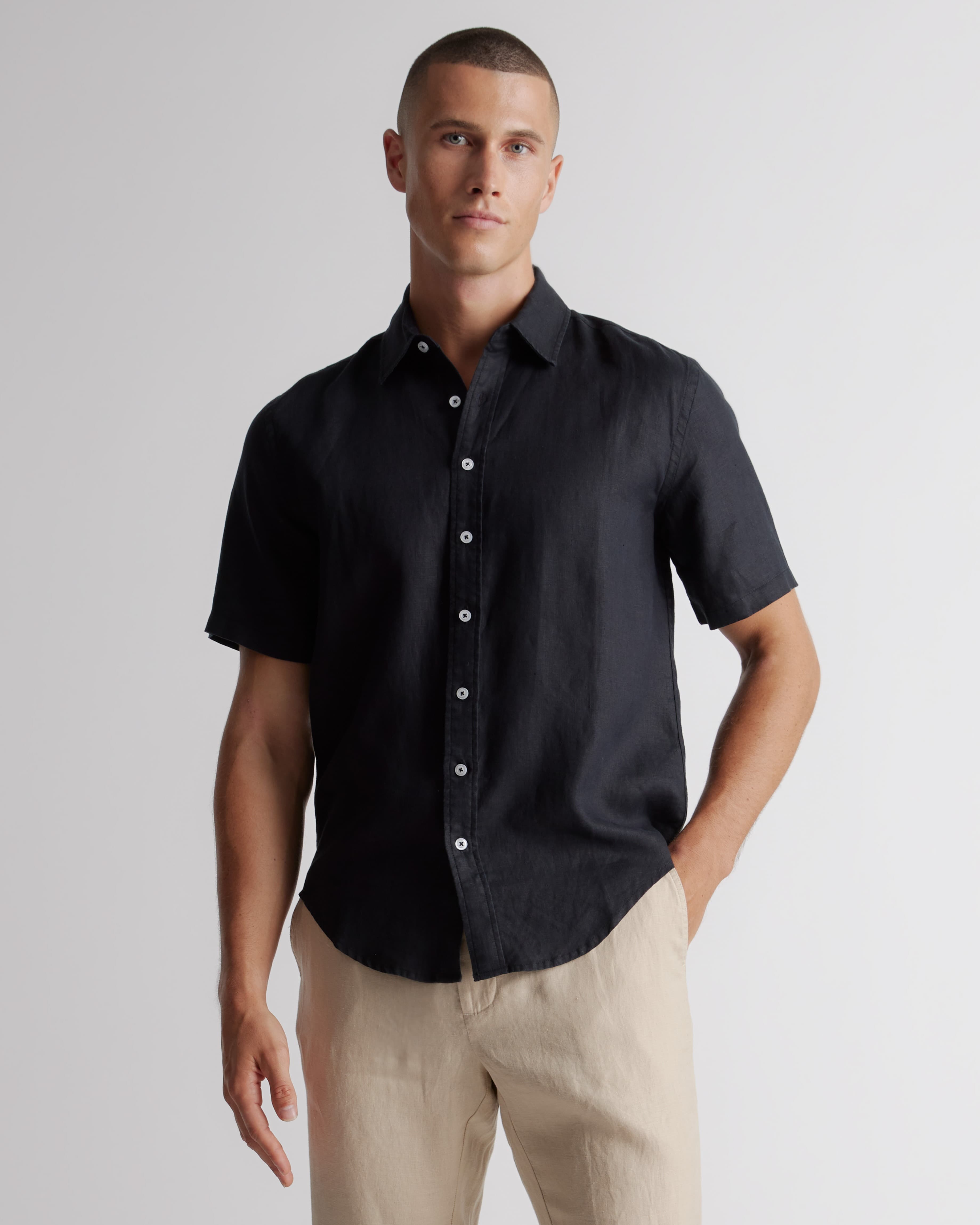 Men's 100% European Linen Short Sleeve Shirt in Black - image 1