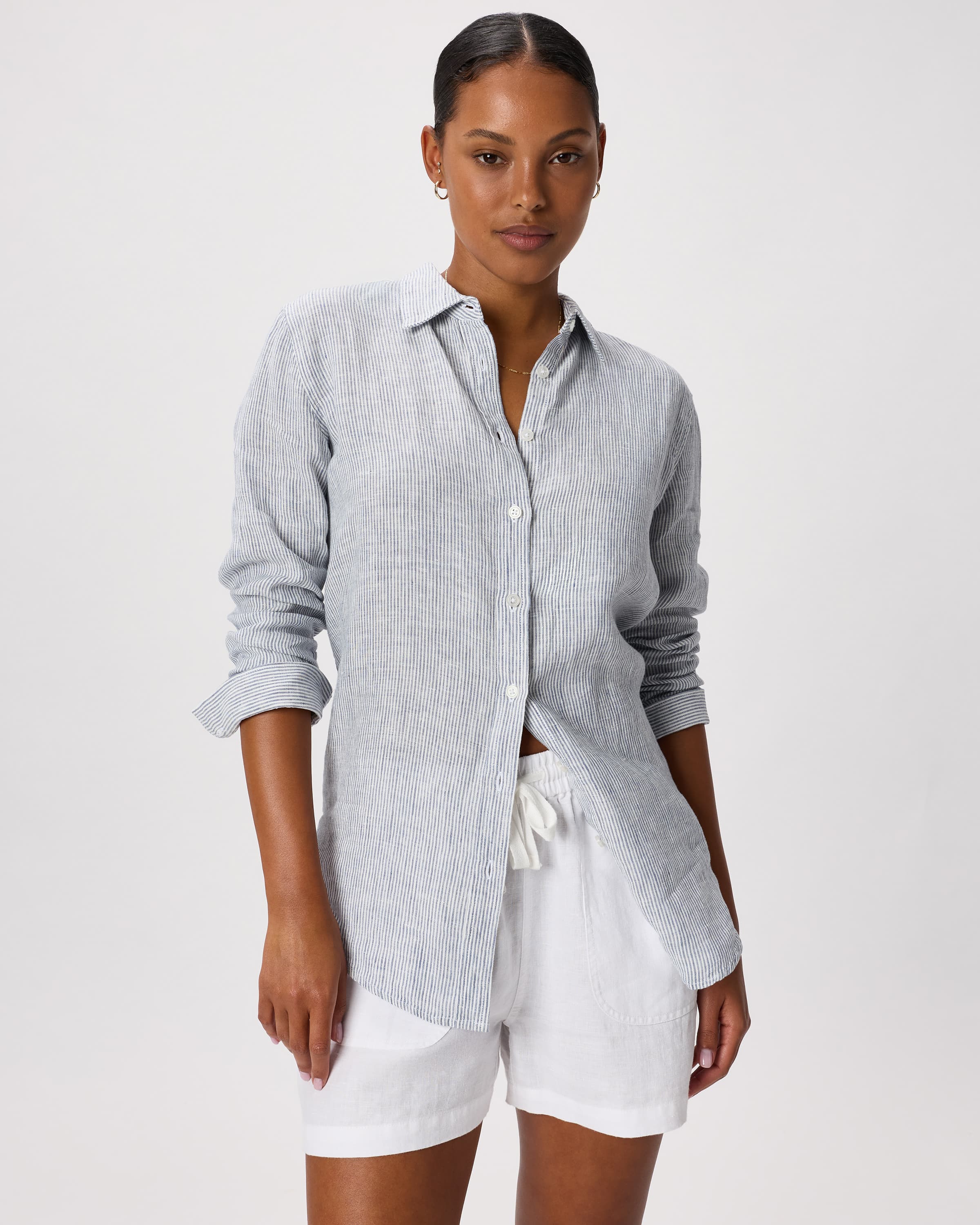 100% European Linen Shirt in Blue Pinstripe - image 1