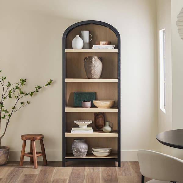 Arched 76 in. Tall Black Wood 5-Shelf Bookcase with Open Front Storage Design - image 1