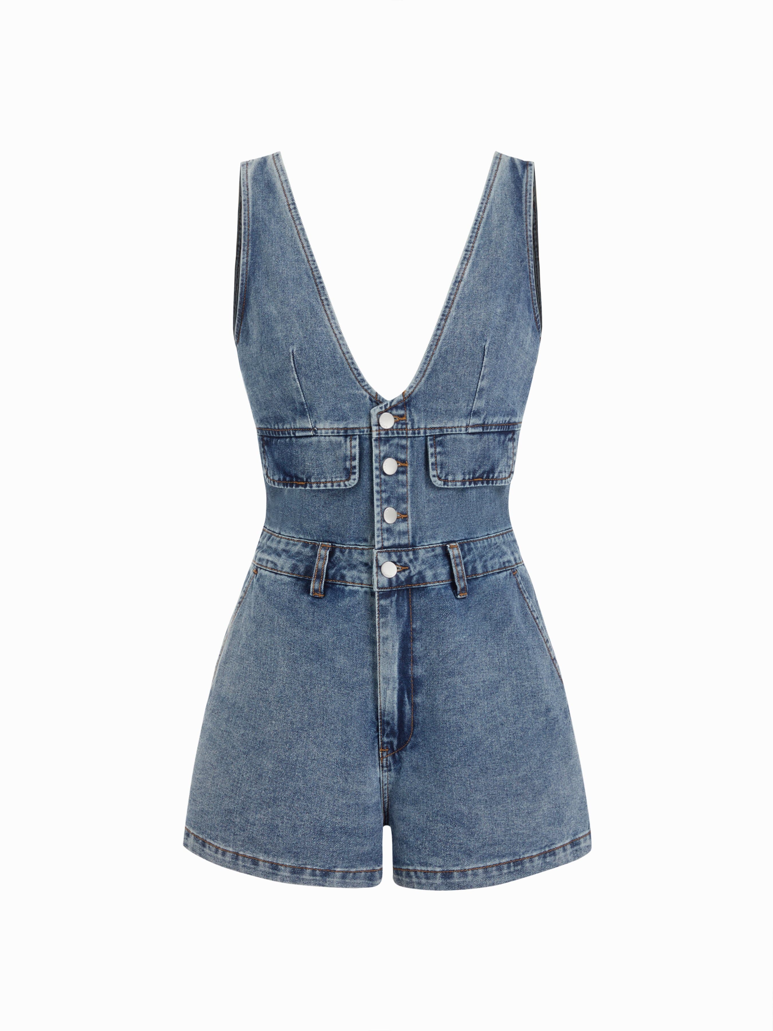 Denim V-Neck Button Front Metal Detail Jumpsuit - image 1