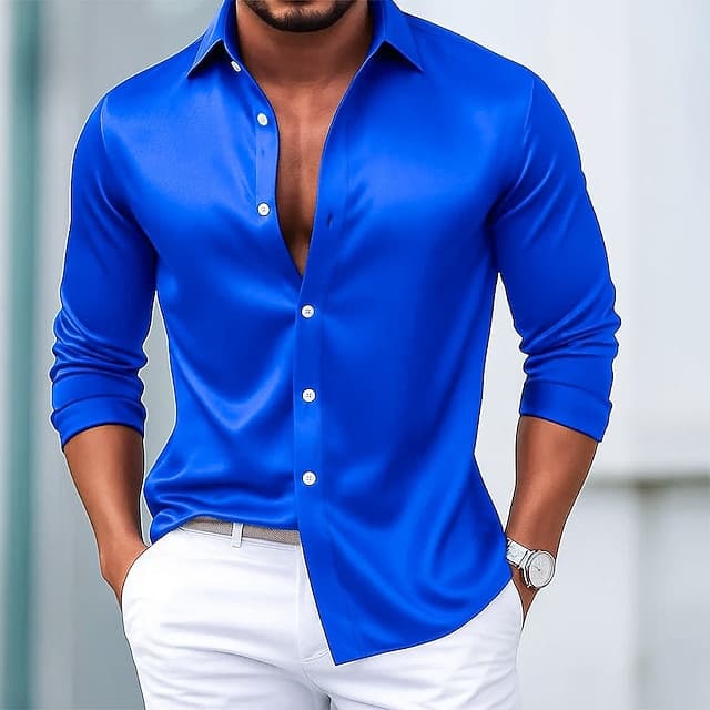 Men's Satin Dress Shirt Long Sleeve Lapel Casual Business Party Wedding Shirt - image 1