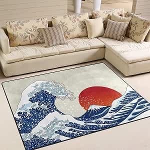 Oceano Giapponese Grande Onda Kanagawa Sun Area Tappeto 100x150cm Morbido Flanella Pavimento Tappeti Interni Grande Area Tappeto Antiscivolo Rettangolare per Soggiorno Ingresso Camera Da Letto - image 1