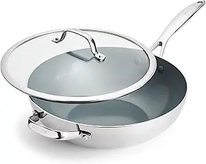 GreenPan Valencia Pro Tri-Ply Stainless Steel 12” Wok with Lid, PFAS-Free Ceramic Nonstick Coating, Induction Ready Cookware, All Cooktops, Dishwasher & Oven Safe to 600F - image 1