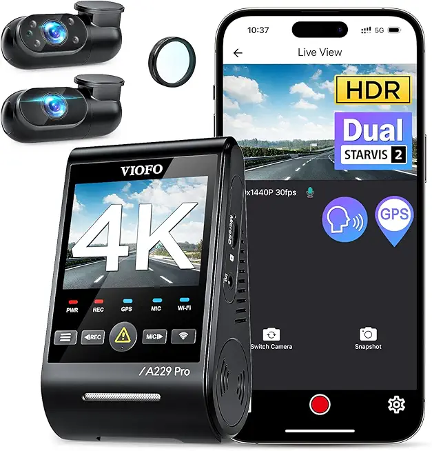 A229 Pro 3 Channel 4K HDR Dash Cam, Dual STARVIS 2 Sensors IMX678 & IMX675, 4K+2K+1080P Front Inside and Rear Triple Car Camera, 5GHz WiFi GPS, Voice Control, 24H Parking Mode - image 1